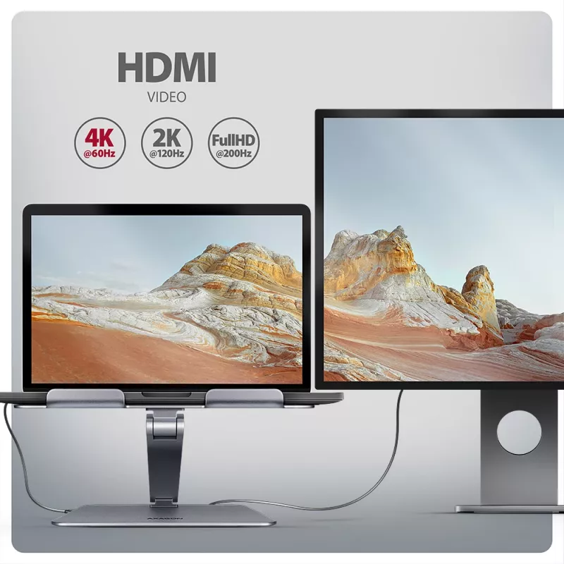 Axagon HMC-STND daugiafunkcis USB-C 5 Gbps šakotuvas ir aliuminis stovas nešiojamiesiems kompiuteriams. HDMI 4k/60Hz, GLAN, PD ir 3 USB-A prievadai. USB-C laidas 60 cm.