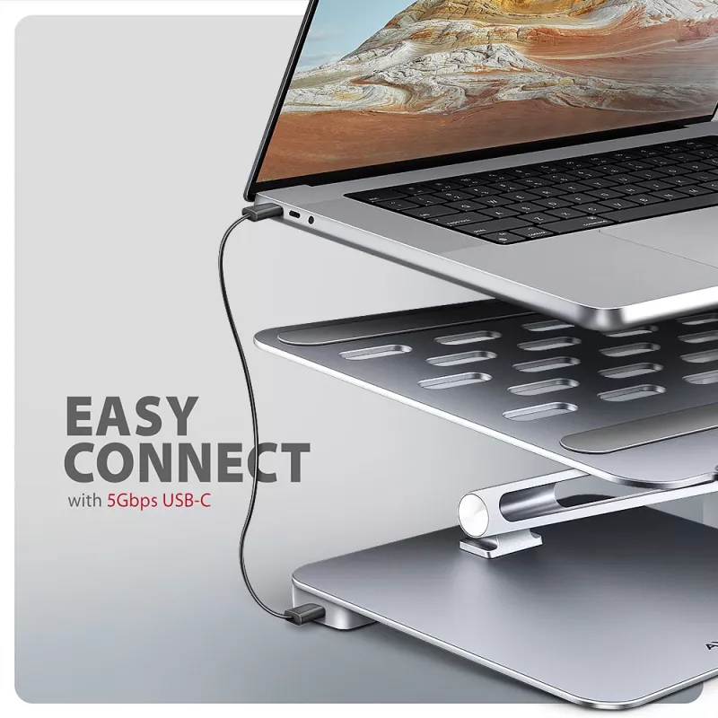 Axagon HMC-STND daugiafunkcis USB-C 5 Gbps šakotuvas ir aliuminis stovas nešiojamiesiems kompiuteriams. HDMI 4k/60Hz, GLAN, PD ir 3 USB-A prievadai. USB-C laidas 60 cm.