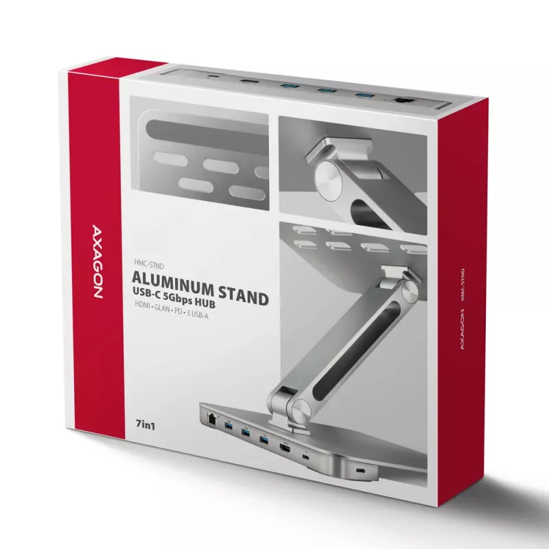 Axagon HMC-STND daugiafunkcis USB-C 5 Gbps šakotuvas ir aliuminis stovas nešiojamiesiems kompiuteriams. HDMI 4k/60Hz, GLAN, PD ir 3 USB-A prievadai. USB-C laidas 60 cm.