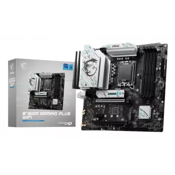 Pagrindinė plokštė MSI B760M GAMING PLUS WIFI – Intel B760, LGA 1700, mikro ATX, DDR5, 4 DIMM, Wi‑Fi 6E, 2,5 Gb LAN