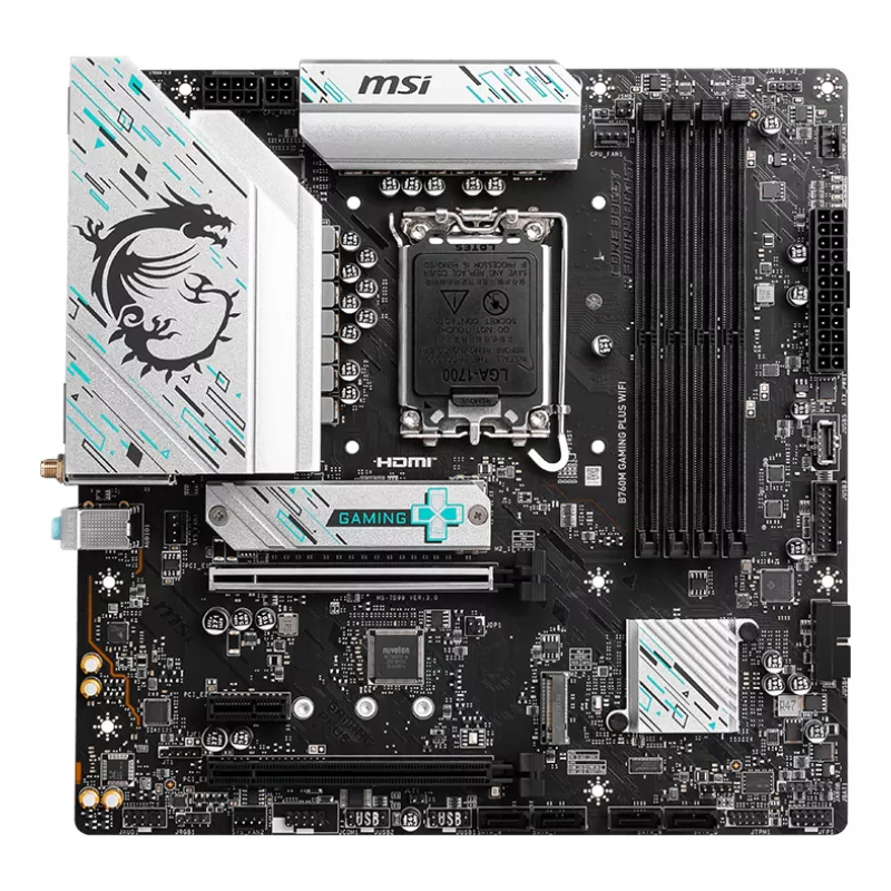 Pagrindinė plokštė MSI B760M GAMING PLUS WIFI – Intel B760, LGA 1700, mikro ATX, DDR5, 4 DIMM, Wi‑Fi 6E, 2,5 Gb LAN