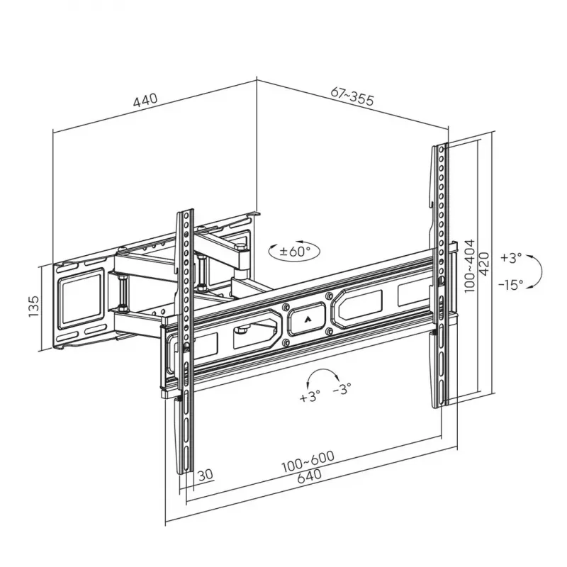 TV sieninis laikiklis MACLEAN MC-710N VESA iki 600x400 mm, pakreipimas +3°/−15°, maks. atstumas 35,5 cm, maks. ekrano įstrižainė 80 colių, plieninis, juodas