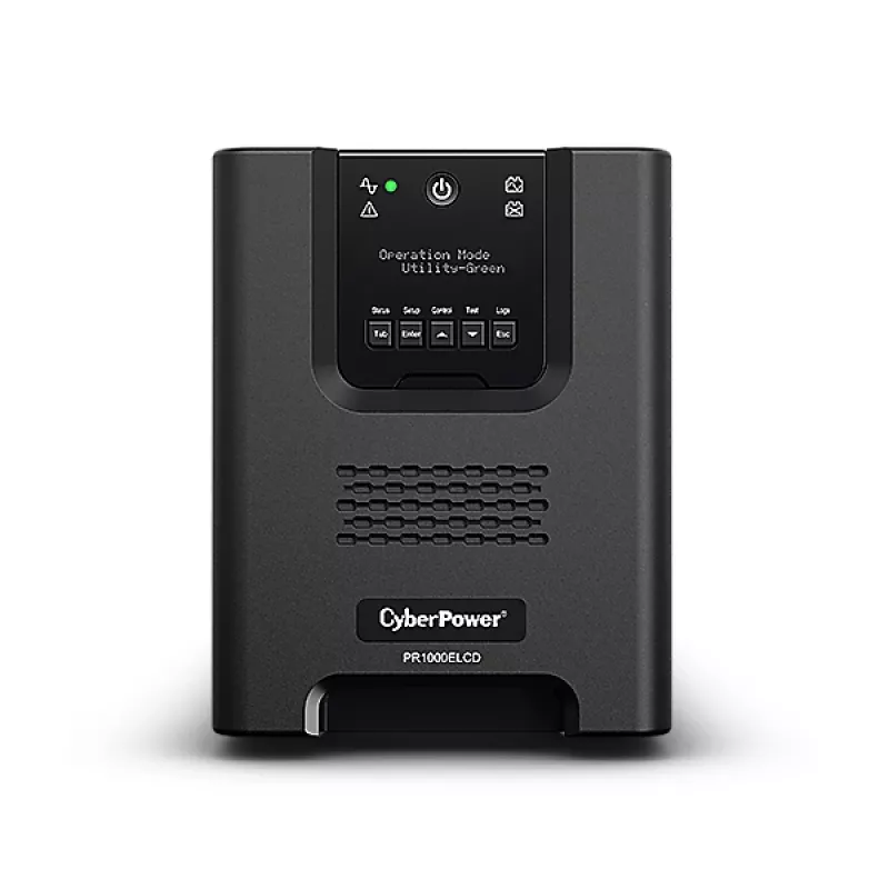 Nepertraukiamo maitinimo šaltinis CYBERPOWER PR1000ELCD — 1 kVA (900 W), linijinė-interaktyvi, gryna sinusoidė, 8× C13 lizdai, LCD, karšto keitimo baterija