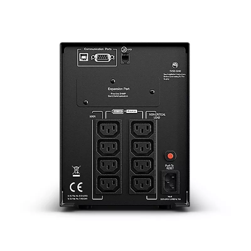 Nepertraukiamo maitinimo šaltinis CYBERPOWER PR1000ELCD — 1 kVA (900 W), linijinė-interaktyvi, gryna sinusoidė, 8× C13 lizdai, LCD, karšto keitimo baterija
