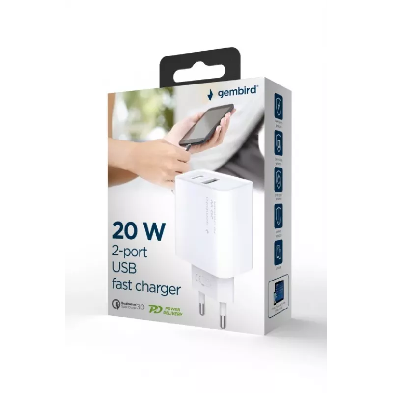 GEMBIRD USB greitasis įkroviklis - Type A & C 2 prievadų 20W - Baltas
