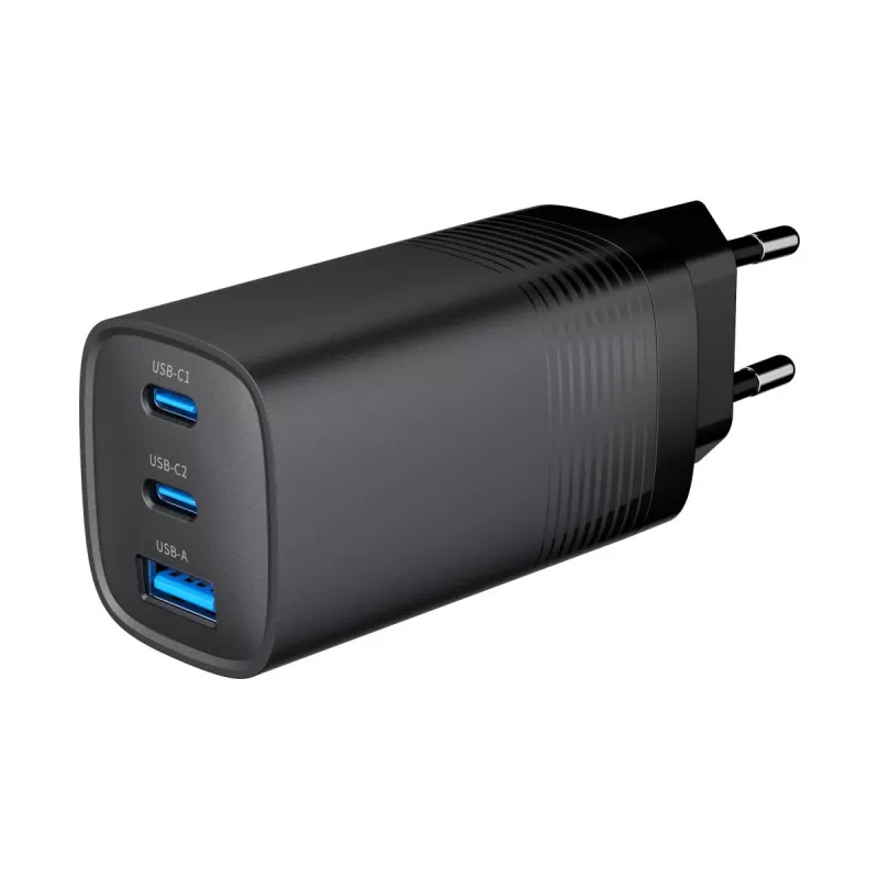 GEMBIRD USB greitasis įkroviklis - Type A ir C 3 prievadų 65 W, QC 3.0 ir PowerDelivery, GaN - juodas