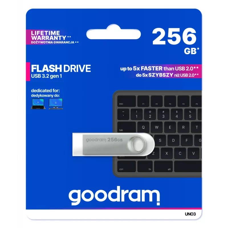 Goodram USB UNO3-2560S0R11 USB atmintinė 256 GB USB Type-A 3.2 Gen 1 (3.1 Gen 1) Sidabrinė