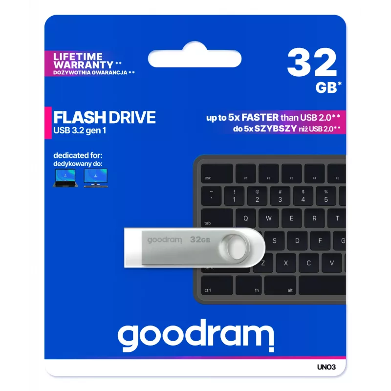 USB atmintinė GOODRAM UNO3-0320S0R11 32 GB, USB Type-A, USB 3.2 Gen 1, metalinis be dangtelio sidabrinis