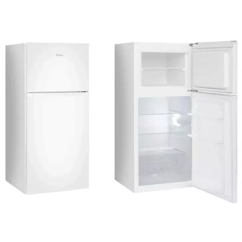 Šaldytuvas-šaldiklis AMICA FD2015.4(E) laisvai pastatomas, bendra talpa 215 l – šaldytuvas 126 l, šaldiklis viršuje 41 l, baltas, LED, grūdinto stiklo lentynos