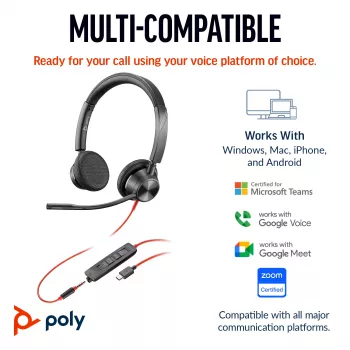 HP Poly Juodawire 3325 Stereo USB-C Headset +3.5mm Plug +USB-C/A Adapter