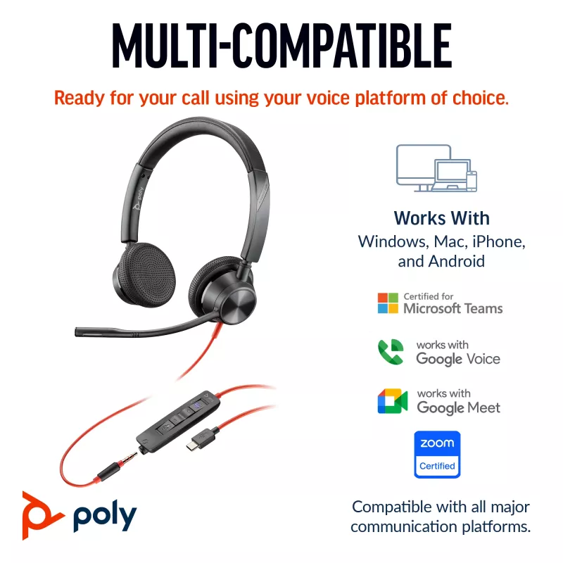 HP Poly Juodawire 3325 Stereo USB-C Headset +3.5mm Plug +USB-C/A Adapter