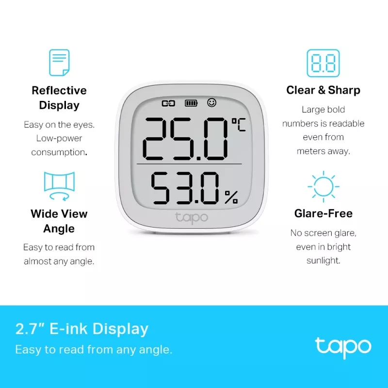 TP-Link Tapo Smart Temperature & Humidity Monitor, Indoor, Temperature & humidity sensor, Freestanding, Wireless, -20 - 60 °C, 0 - 99%