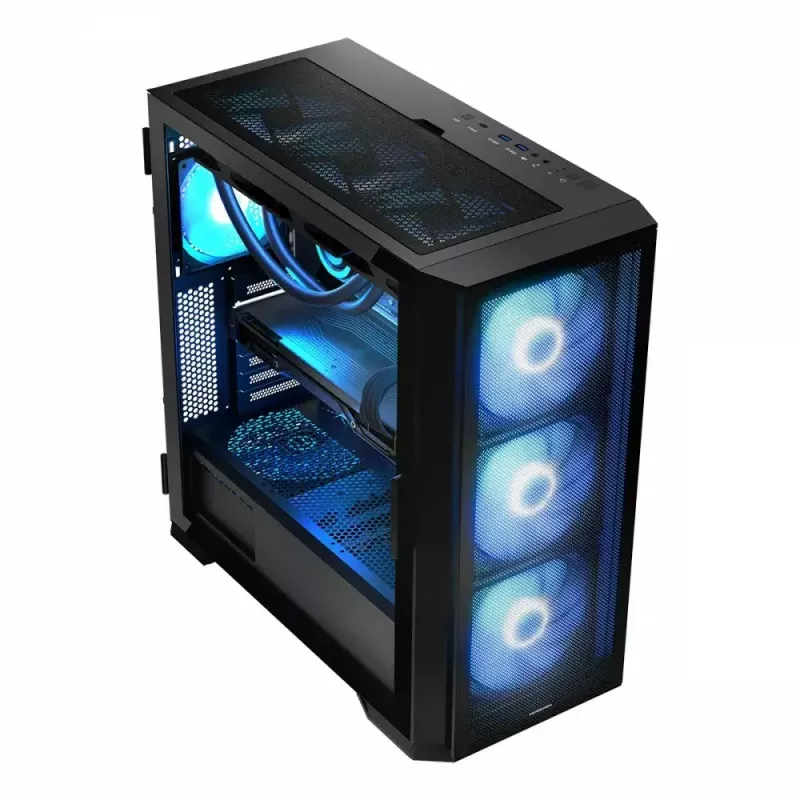 PC korpusas MODECOM Horizon ARGB FLOW MIDI Juoda — E-ATX palaikymas, grūdintas stiklas, ARGB, USB-C, maks. GPU 400 mm