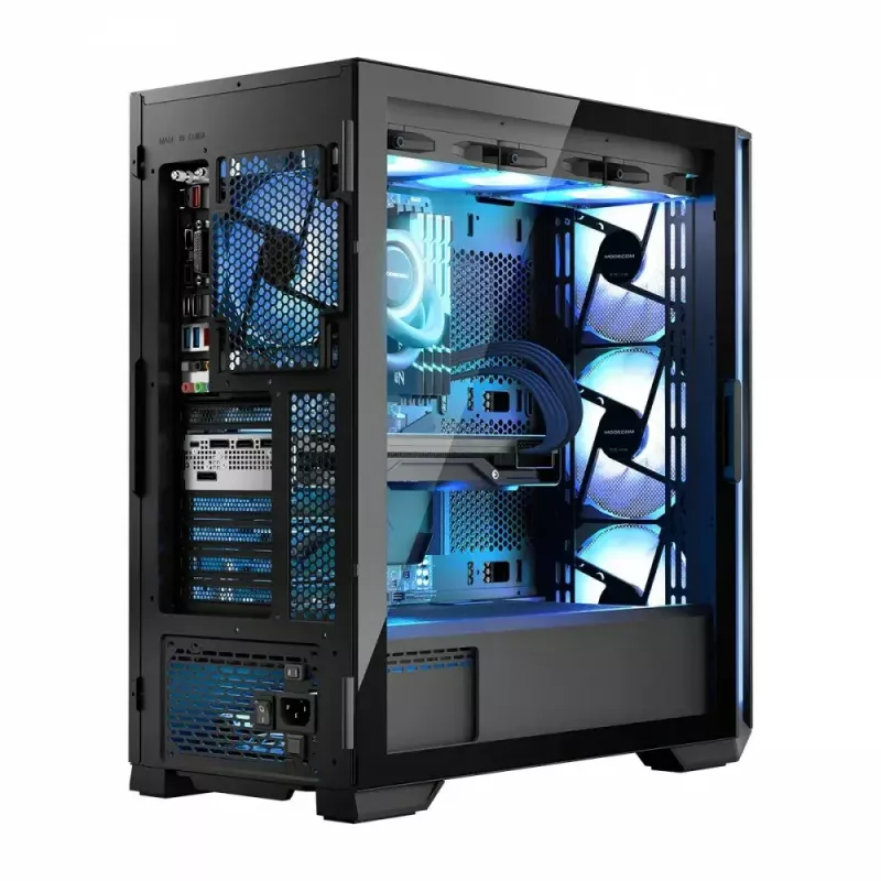 PC korpusas MODECOM Horizon ARGB FLOW MIDI Juoda — E-ATX palaikymas, grūdintas stiklas, ARGB, USB-C, maks. GPU 400 mm