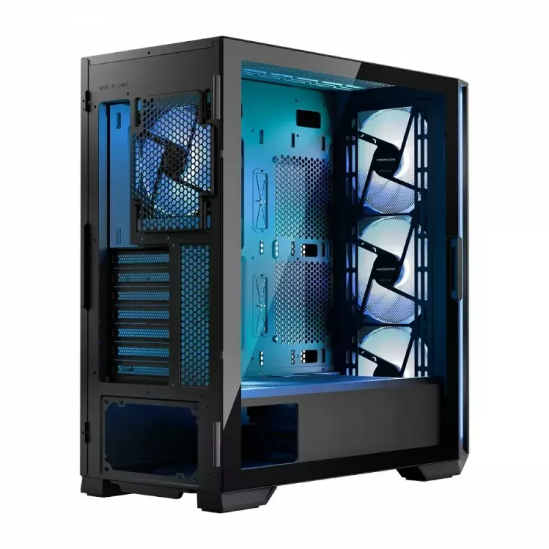 PC korpusas MODECOM Horizon ARGB FLOW MIDI Juoda — E-ATX palaikymas, grūdintas stiklas, ARGB, USB-C, maks. GPU 400 mm