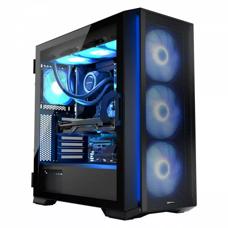 PC korpusas MODECOM Horizon ARGB FLOW MIDI Juoda — E-ATX palaikymas, grūdintas stiklas, ARGB, USB-C, maks. GPU 400 mm