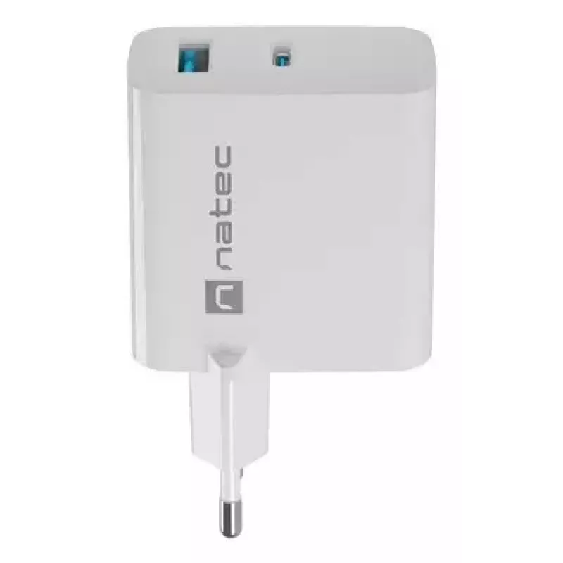NATEC laidinis kintamosios srovės mobiliųjų įrenginių įkroviklis NUC-2142, USB-C PD 3.0 + USB-A, 5–20 V iki 3 A, 45 W, baltas