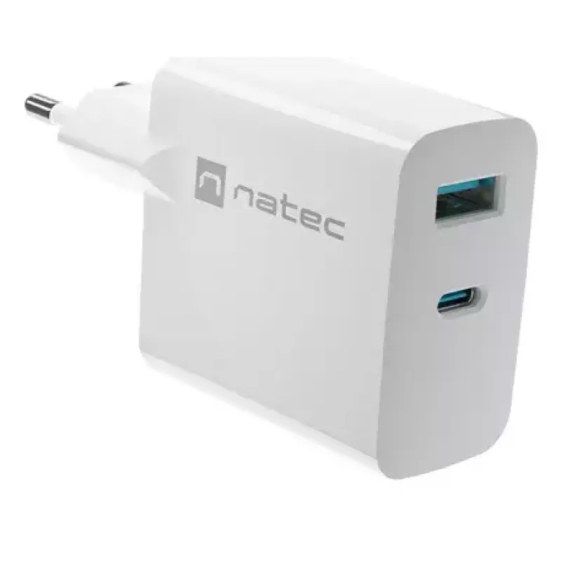 NATEC laidinis kintamosios srovės mobiliųjų įrenginių įkroviklis NUC-2142, USB-C PD 3.0 + USB-A, 5–20 V iki 3 A, 45 W, baltas