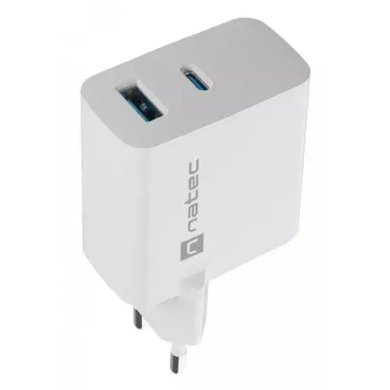 NATEC laidinis kintamosios srovės mobiliųjų įrenginių įkroviklis NUC-2142, USB-C PD 3.0 + USB-A, 5–20 V iki 3 A, 45 W, baltas