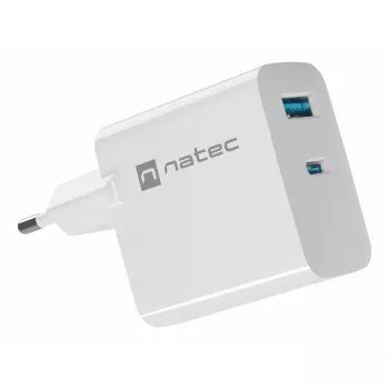 NATEC laidinis kintamosios srovės mobiliųjų įrenginių įkroviklis NUC-2142, USB-C PD 3.0 + USB-A, 5–20 V iki 3 A, 45 W, baltas
