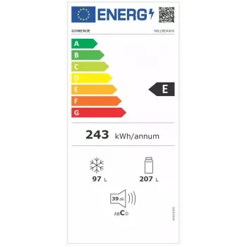 Laisvai pastatomas šaldytuvas‑šaldiklis Gorenje N619EAW4 — 304 L bendra talpa (207 L šaldytuvas, 97 L šaldiklis), No Frost, LED ekranas, dešininis vyris, 39 dB