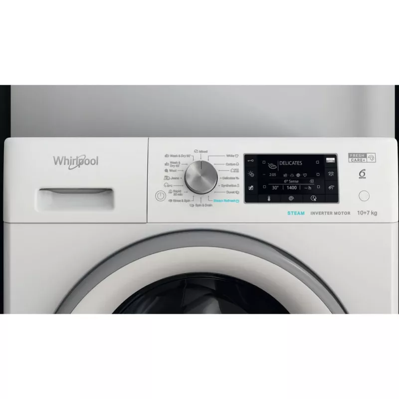 Whirlpool FFWDD 1076258 SV EE skalbimo-džiovinimo mašina Laisvai pastatoma Priekinio pakrovimo Balta