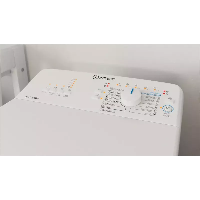 Skalbimo mašina su viršutiniu įkrovimu Indesit BTW L60400 EE/N — 6 kg, 1000 aps./min., 400×600×900 mm, balta
