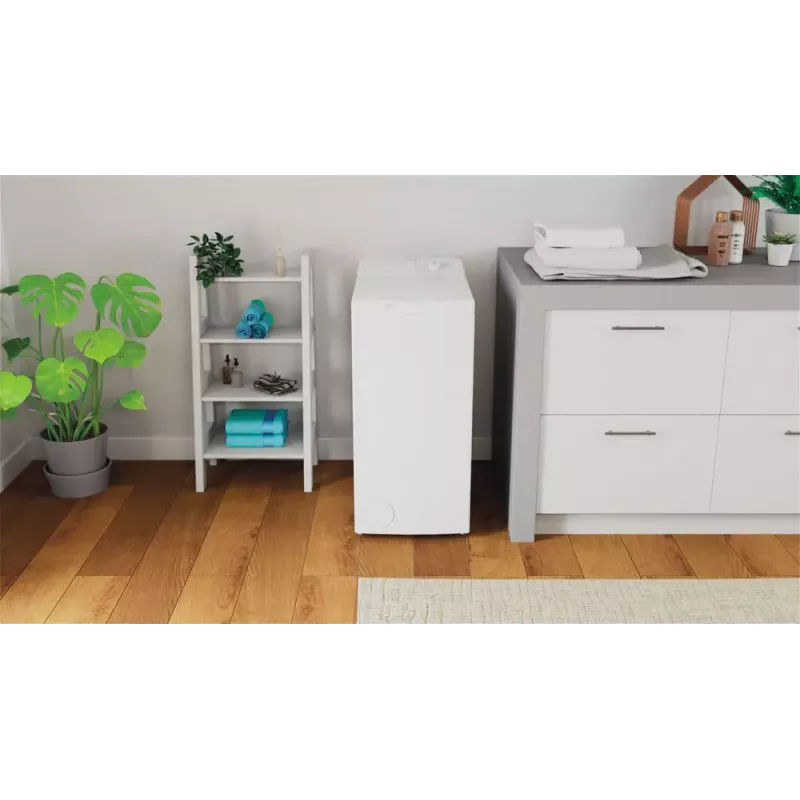 Skalbimo mašina su viršutiniu įkrovimu Indesit BTW L60400 EE/N — 6 kg, 1000 aps./min., 400×600×900 mm, balta