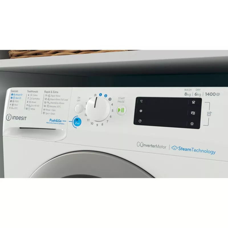 Skalbimo-džiovinimo mašina Indesit BDE 86436 WSV EE — 6 kg, 1400 aps./min., balta, 595×540×850 mm