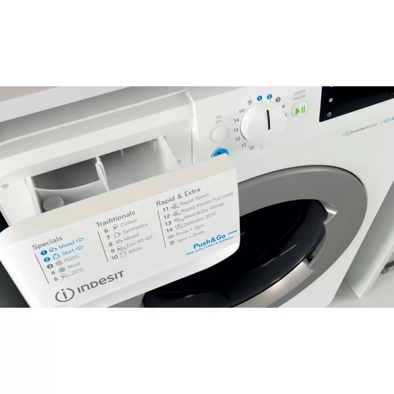 Skalbimo-džiovinimo mašina Indesit BDE 86436 WSV EE — 6 kg, 1400 aps./min., balta, 595×540×850 mm