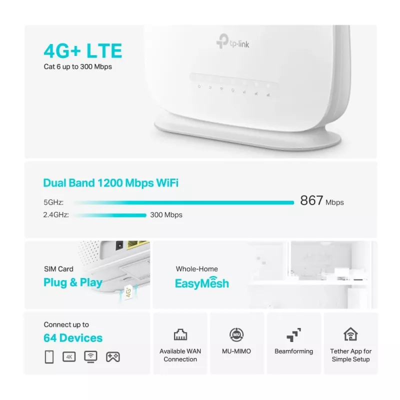 TP-Link Archer 4G+ Cat6 AC1200 belaidis dviejų dažnių gigabitinis maršrutizatorius