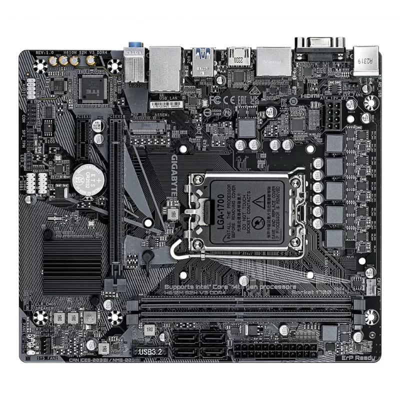 GIGABYTE H610M S2H V3 DDR4 pagrindinė plokštė – palaiko Intel Core 14-os kartos procesorius, 4+1+1 hibridinį skaitmeninį VRM, iki 3200 MHz DDR4, 1x PCIe 3.0 M.2, GbE LAN, USB 3.2 Gen 1