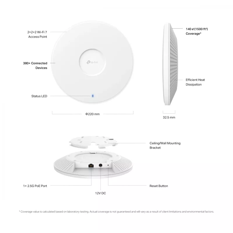 TP-Link Omada BE9300 Prie lubų montuojamas trijų juostų Wi-Fi 7 prieigos taškas