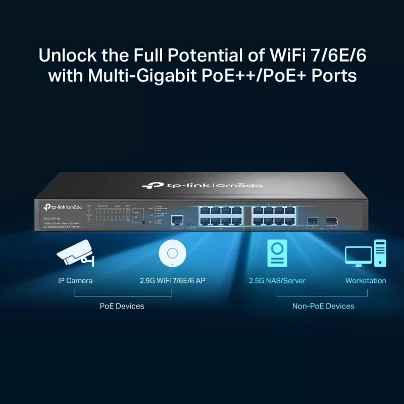 TP-Link Omada 16 prievadų 2,5G ir 2 prievadų 10GE SFP+ L2+ valdomas komutatorius su 8 prievadų PoE+