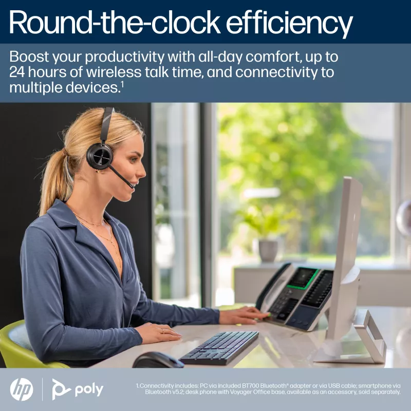 HP Poly Voyager 4310-M Microsoft Teams sertifikuotos USB-C ausinės +BT700 adapteris +Įkrovimo stovas