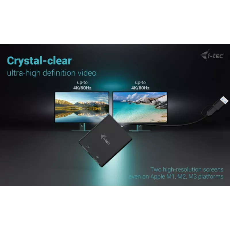 i-tec USB-A/USB-C Dual 4K/60 Hz DisplayPort vaizdo adapteris, 0,27 m, USB Type-A/USB Type-C, 2 x DisplayPort, Male, Female, 3840 x 2160 pikselių