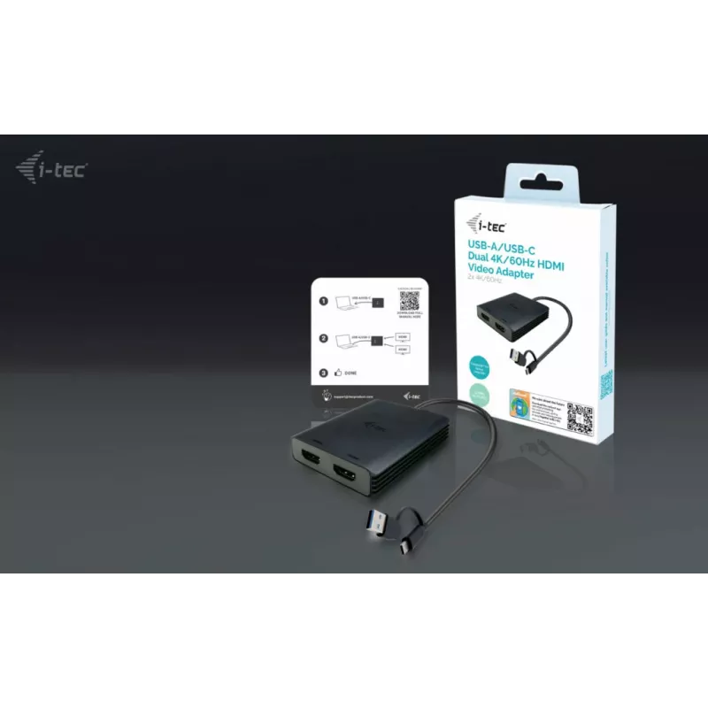 i-tec USB-A/USB-C Dual 4K/60 Hz HDMI vaizdo adapteris, 0,27 m, USB Type-A/USB Type-C, 2 x HDMI, kištukas, lizdas, 3840 x 2160 pikselių