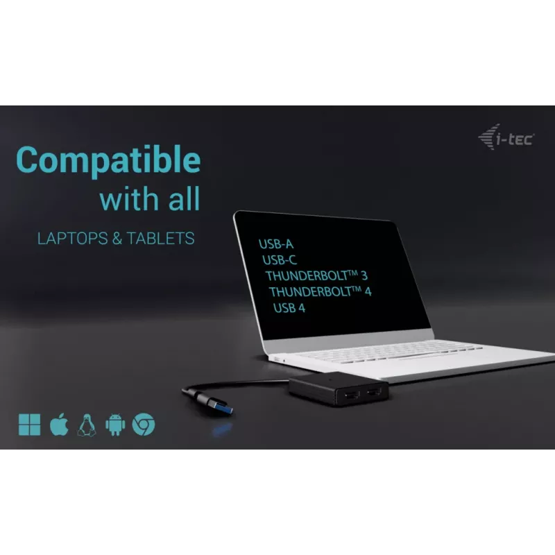 i-tec USB-A/USB-C Dual 4K/60 Hz HDMI vaizdo adapteris, 0,27 m, USB Type-A/USB Type-C, 2 x HDMI, kištukas, lizdas, 3840 x 2160 pikselių