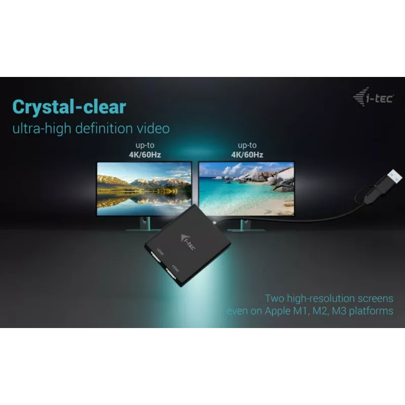 i-tec USB-A/USB-C Dual 4K/60 Hz HDMI vaizdo adapteris, 0,27 m, USB Type-A/USB Type-C, 2 x HDMI, kištukas, lizdas, 3840 x 2160 pikselių