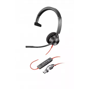 HP Poly Juodawire 3310 monofoninės ausinės, sertifikuotos Microsoft Teams, USB-C + USB-C/A adapteris