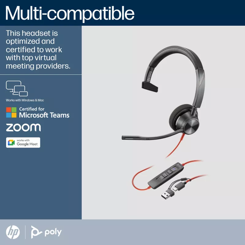 HP Poly Juodawire 3310 monofoninės ausinės, sertifikuotos Microsoft Teams, USB-C + USB-C/A adapteris