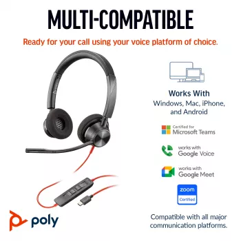 HP Poly Juodawire 3320 Stereo USB-C ausinės +USB-C/A adapteris