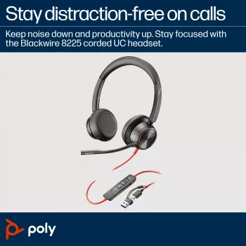 HP Poly Juodawire 8225 Stereo USB-C Headset +USB-C/A Adapter
