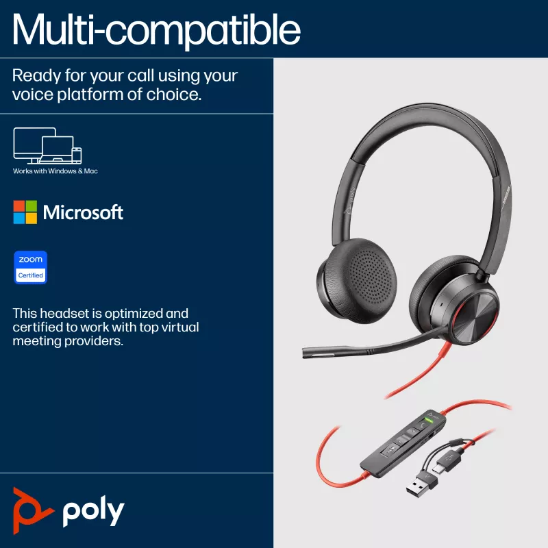 HP Poly Juodawire 8225 Stereo USB-C Headset +USB-C/A Adapter
