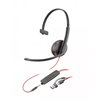 HP Poly Juodawire 3215 monofoninės ausinės su USB-C + 3,5 mm kištuku + USB-C/A adapteriu