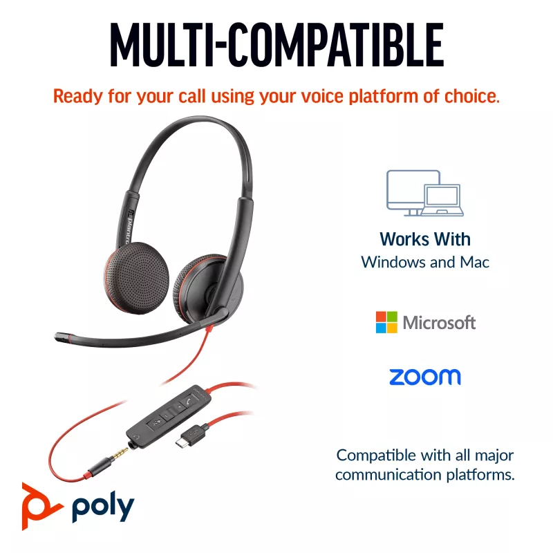 HP Poly Juodawire 3225 Stereo USB-C Headset +3.5mm Plug +USB-C/A Adapter