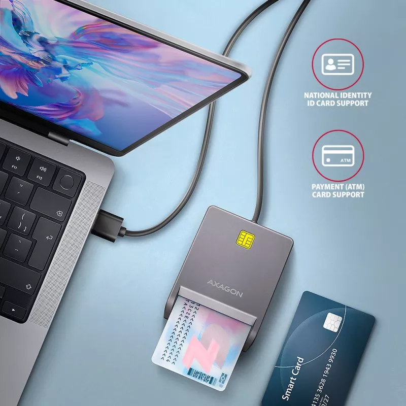 Axagon CRE-SM3T USB-A išmaniųjų / ID kortelių plokščiasis skaitytuvas, USB 2.0, 1,3 m, juodas, 56 g