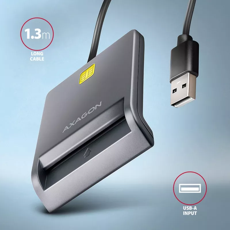 Axagon CRE-SM3T USB-A išmaniųjų / ID kortelių plokščiasis skaitytuvas, USB 2.0, 1,3 m, juodas, 56 g