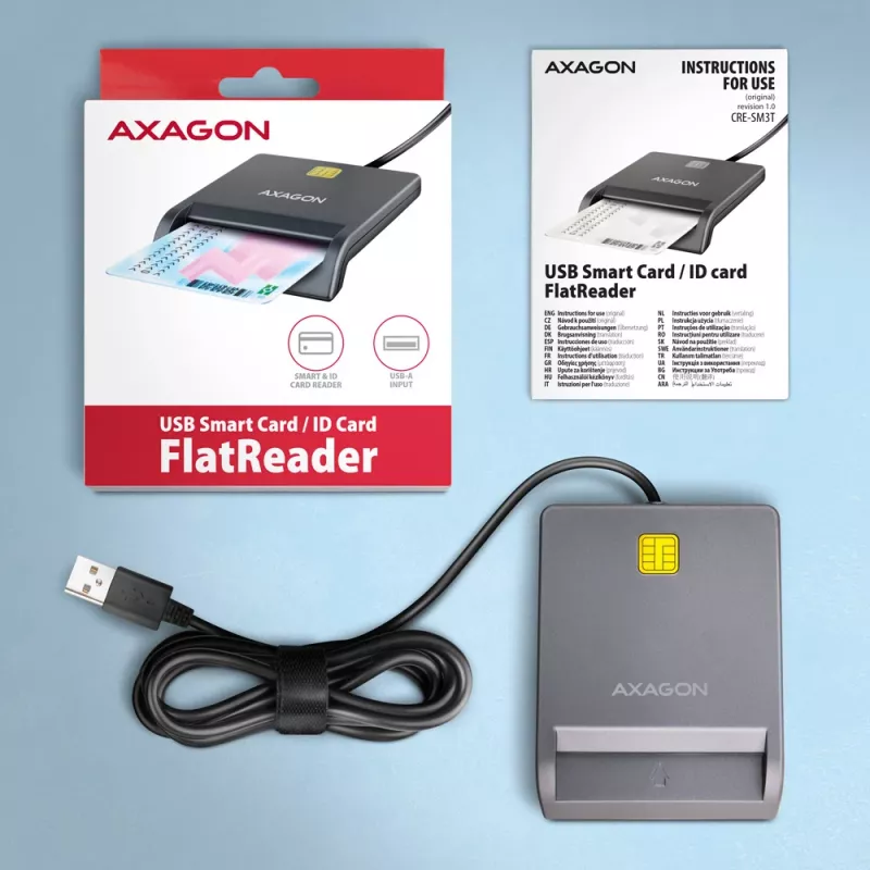 Axagon CRE-SM3T USB-A išmaniųjų / ID kortelių plokščiasis skaitytuvas, USB 2.0, 1,3 m, juodas, 56 g