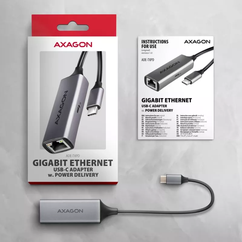 Axagon ADE-TXPD USB-C Gigabit Ethernet adapteris su PD 100W
